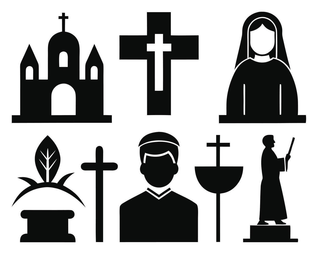 illustrations representing christianity featuring church cross virgin mary and other religious symbols. vector