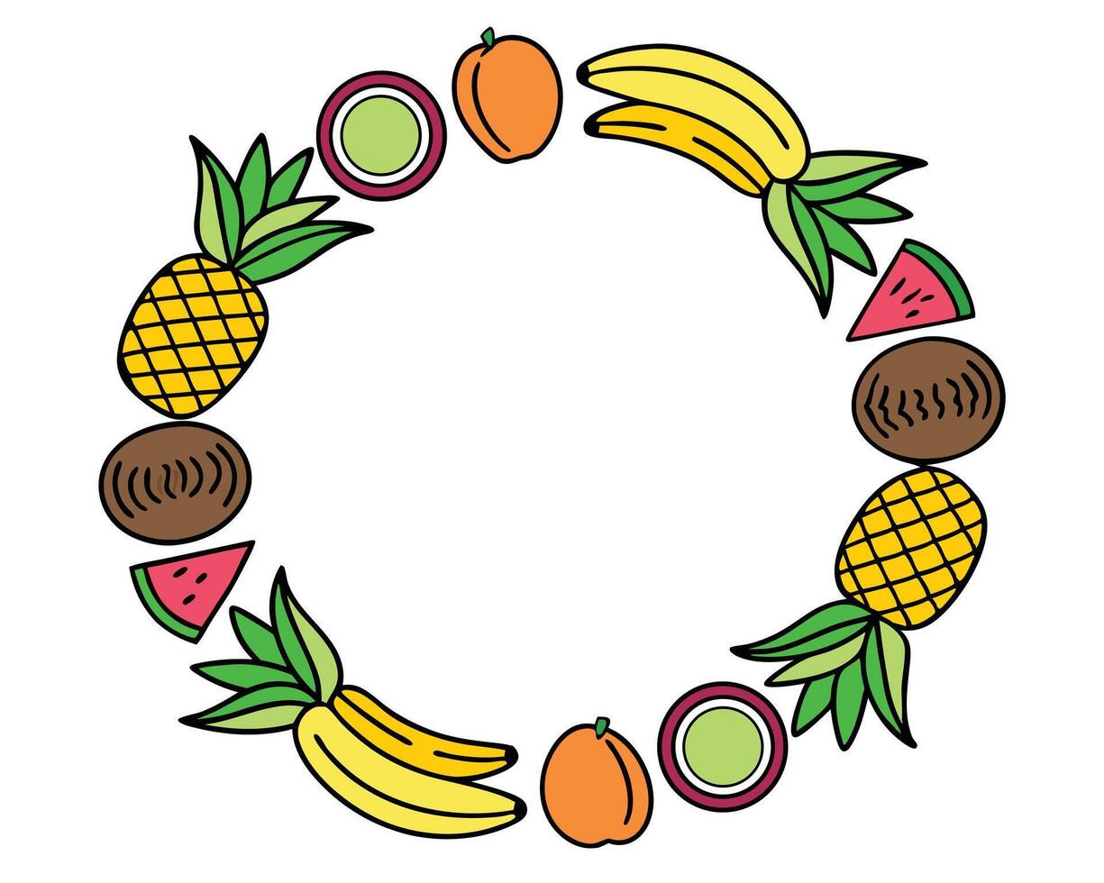 Colorful hand drawn circle frame featuring various tropical fruits on a white background vector