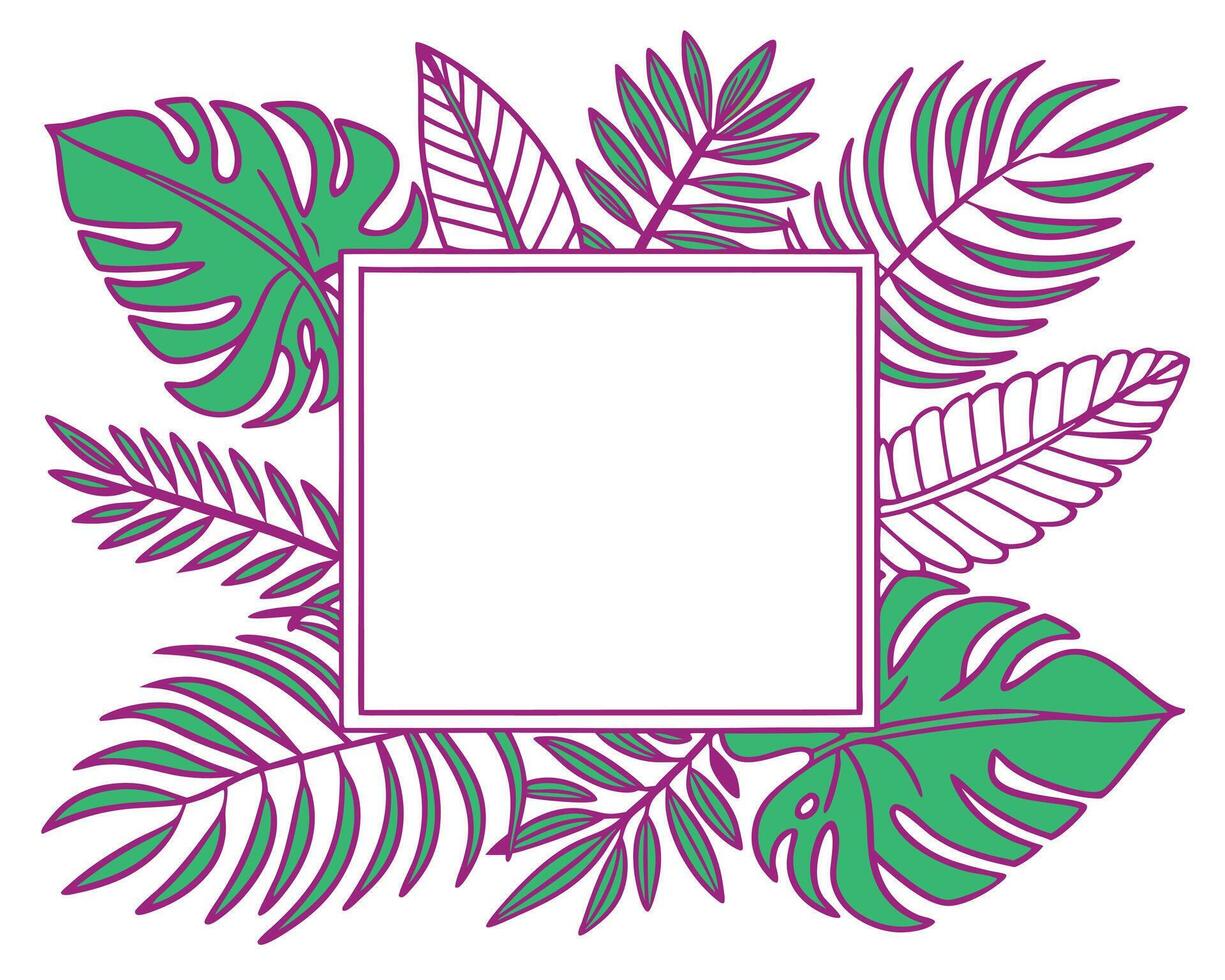 Tropical leafy frame with green and purple colors ideal for invitations and designs vector