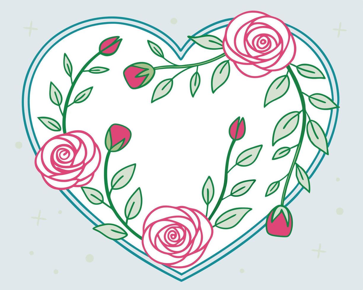A charming floral heart shaped frame featuring delicate pink roses and green leaves illustrations vector