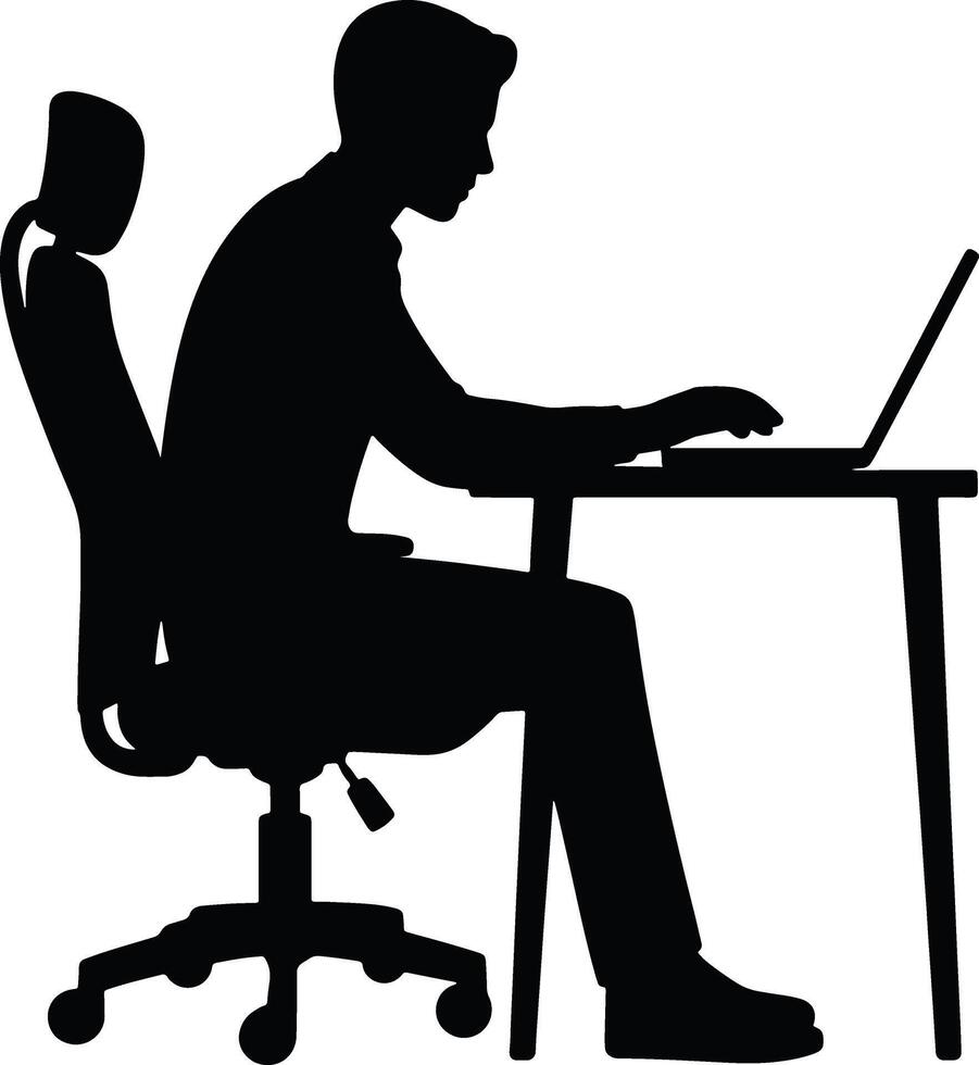 Silhouette of a person working on a laptop at a desk in an office environment vector