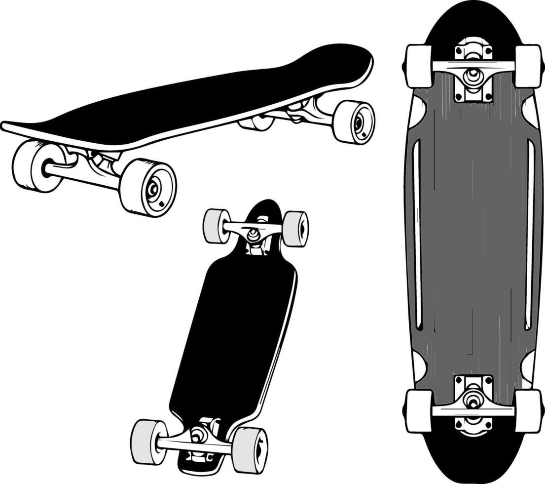 Collection of hand drawn skateboards and longboards in various dynamic poses vector