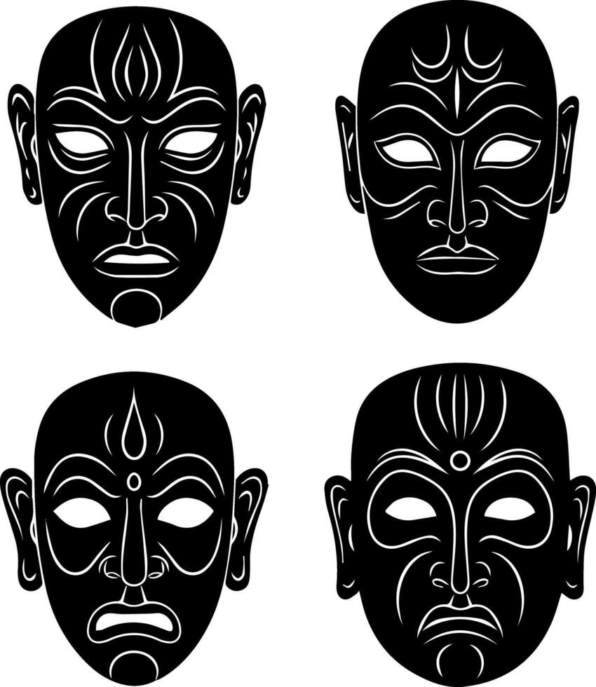 Four stylized tribal masks with intricate white facial markings on black vector