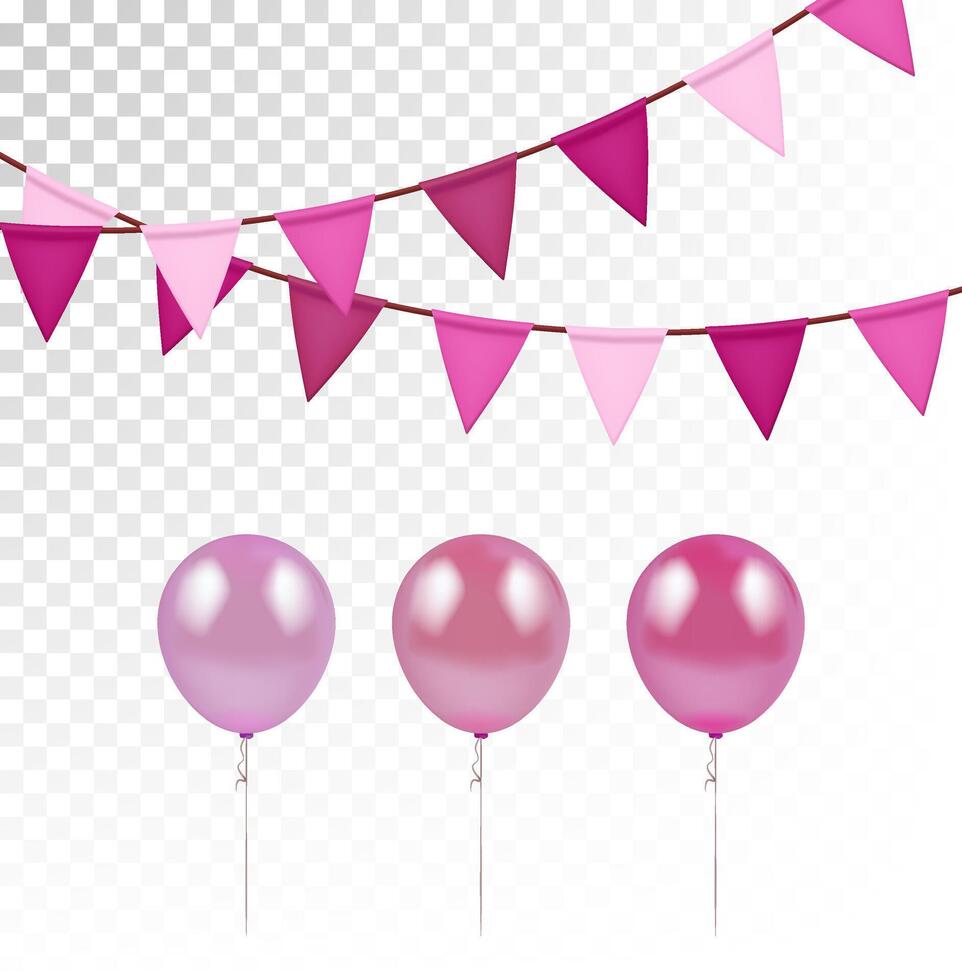 Pink balloons and decorative flags vector