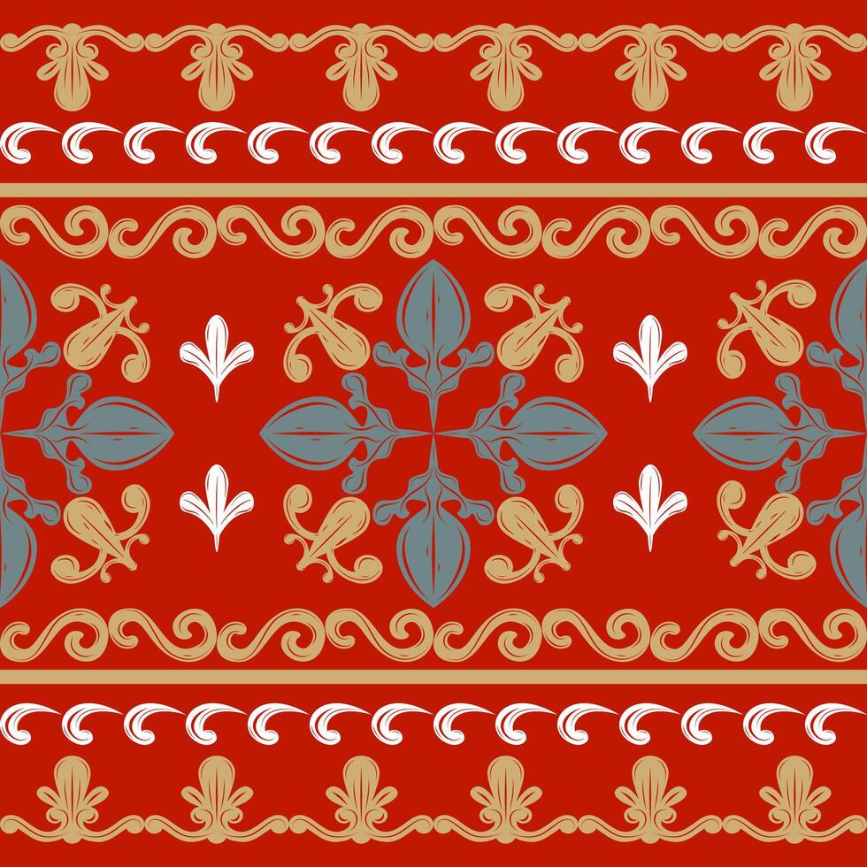 Intricate Beautiful Frame Elegance Detailed Luxury Motif Baroque Florals ikat Delicate Style. Gold White Green on Red Background Impressive Honor Confident Vibe Opulence Flourish Royal Pattern Border vector