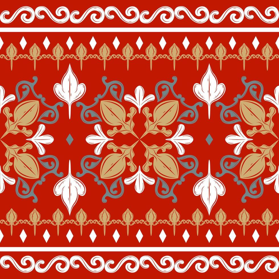 Bouquet Drawing Work Fashion Creation Baroque Style with Royal Ornament Scroll Mythology Gold Green White on Red Background. Fabulous Intricate Botany Pattern Seamless Border for Embroidery Boho Lace vector