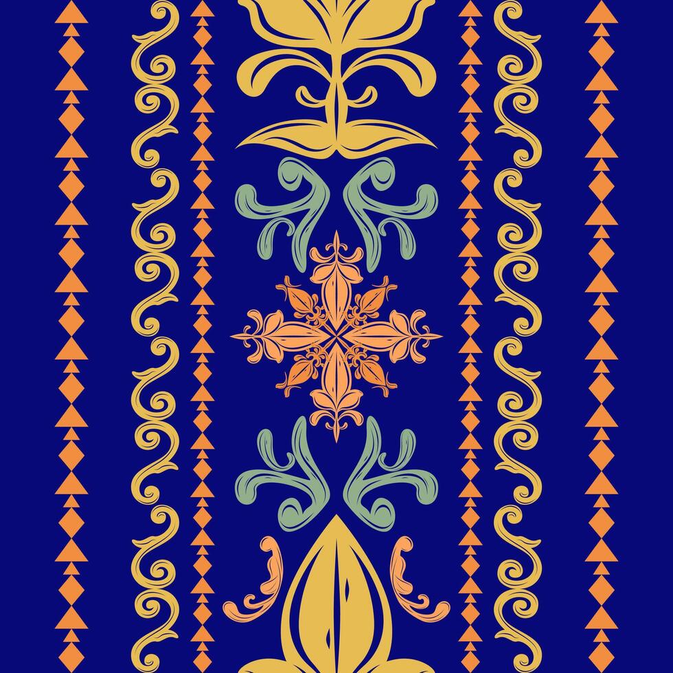 Bohemian Mandala Ornament Delicate Style with Orange Blue Gold on Royal Blue Background Seamless Border Pattern. Abstract Vintage Oriental Art for Textile Fashion Neck Line Embroidery Clothes Filigree vector