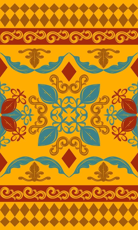 Oriental Indian Folk Art Florals Border Design. Magnificent Hand Drawn Royal Bohemian Abstract Scroll Ornament Geometric Combine Red Blue Brown on Yellow Background Delicate Seamless Pattern Mandala vector