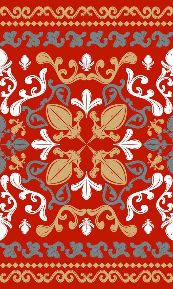 Attractive Detailed Luxury Rococo Baroque Palace Ornament Architect Inspired. Grandiose Luxury Handicraft Seamless Border Pattern with Gold White Green on Red Background Flawless Art Elaborate Work vector