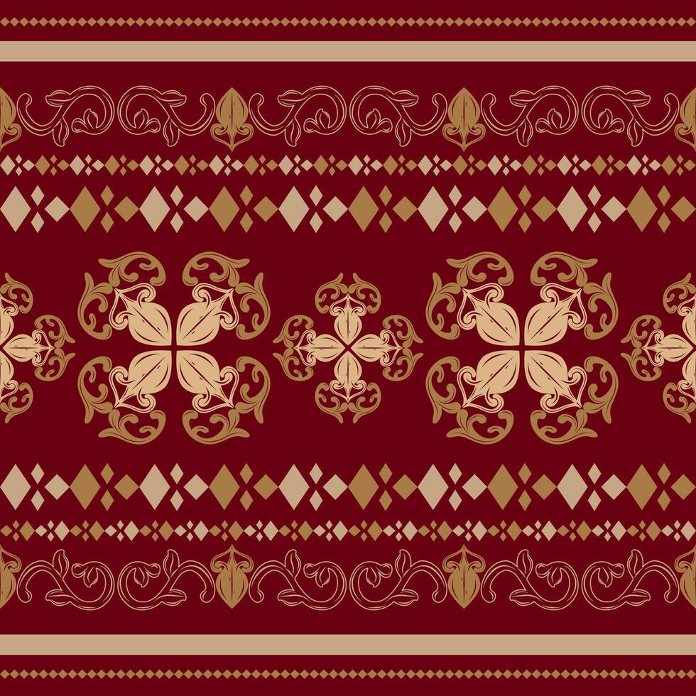 Attractive Cozy Florals Folk Motif Filigree Royal Ornament Design with Golden Silk Weaves on Deep Red Background Luxury Detailed Seamless Border Pattern. Delicate Art Work For Embroidery Clothes Batik vector