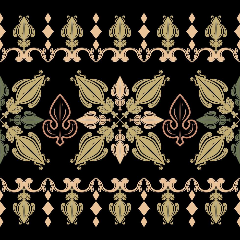 Adorable Fleur de lis Art Scroll Abstract Ornament Haute Couture Bling Florals Elegance Gold Greenish on Black Background. Fine Medieval Rococo Pattern Geometric for Handicraft Dress Neckline Border vector