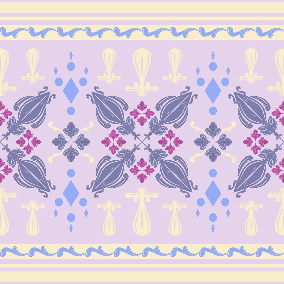 Flawless Royal Motif Wonderful Mystic Night Vibe with Geometric and Scroll Ornament with Blue Purple Pastel Yellow Baroque Style on Lavender Background Seamless Medieval Ethnic Detailed Luxury Foliage vector