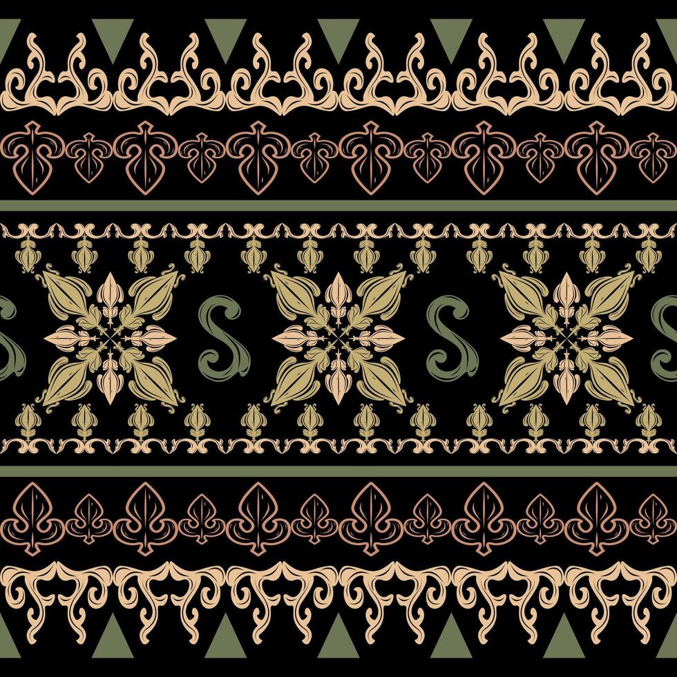 Antique Culture Medieval Fleur de lis Motif Florals Luxury Pattern with Green Brownish Gold on Black Background. Elegance Beautiful Geometric And Scroll Ornament for Fashion Fabric Textiles Embroidery vector