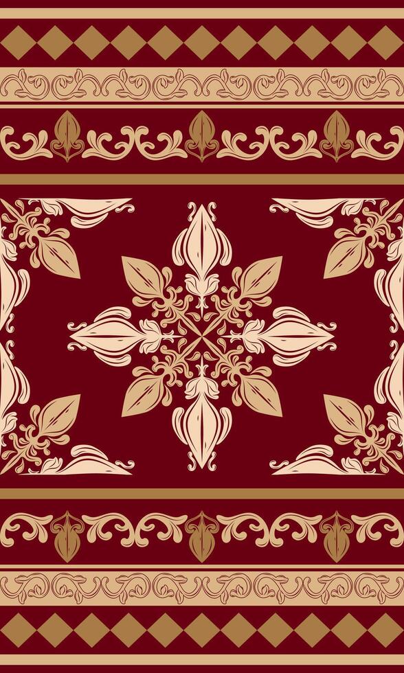 Wonderful Flawless Baroque Detailed Ornament with Gold Shades on Deep Red Maroon Background. Luxury Beautiful Border Pattern for Silk Weaves Embroidery Ancient Byzantine Garment Ceramics Boho Style vector