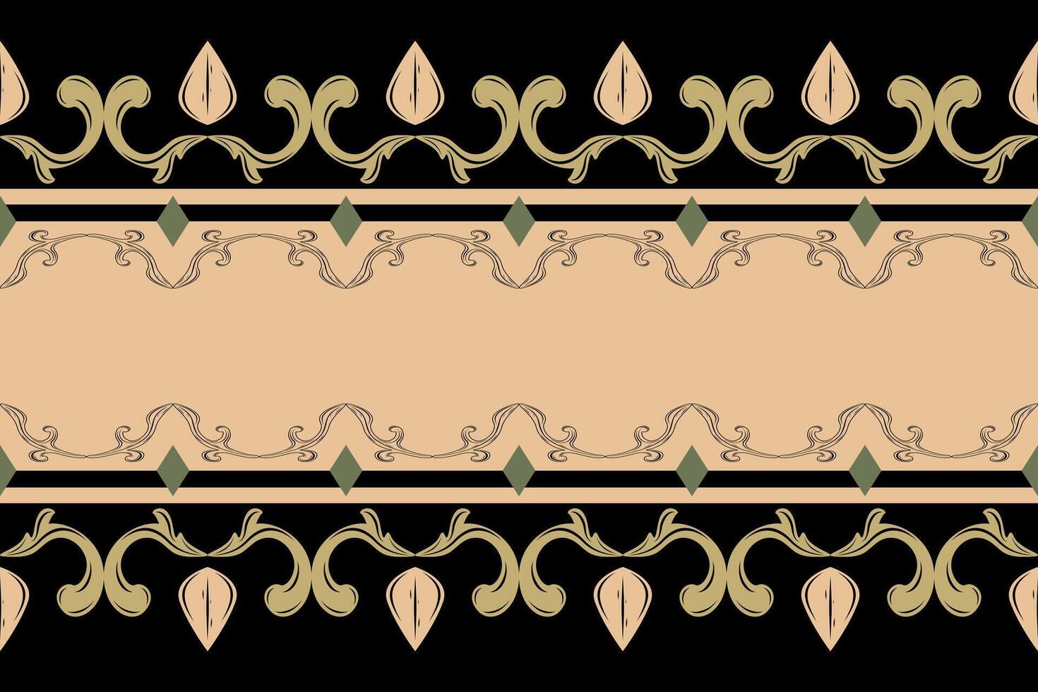 Flawless Elegance Luxury Baroque Ornament Botanical Inspired Seamless Border Pattern with Beige Gold Green on Black Background. Geometric Diamond Striped Royal Medieval Damask Jacquard Loom Brocade vector
