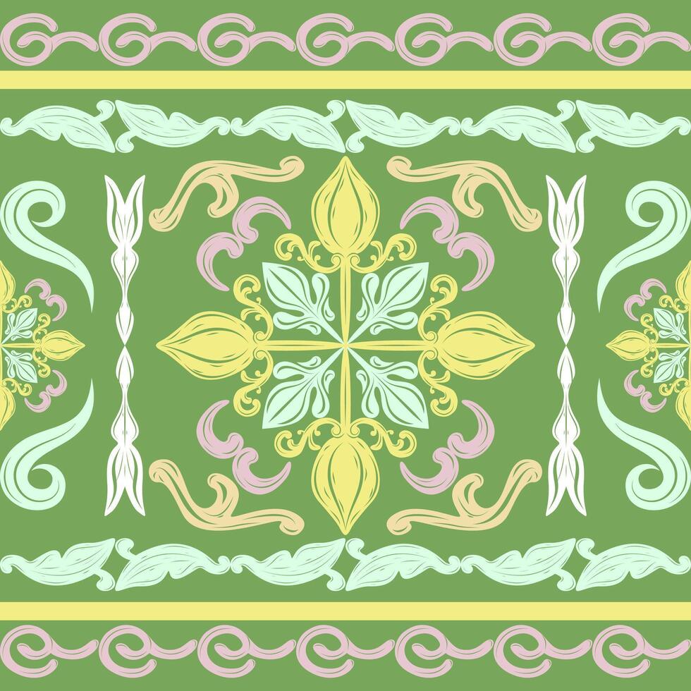 Flawless Bohemian Sense Smooth Exotic Scroll Ornament Royal Garden Botanical Style. Hand Drawn Baroque Floral Border Pattern Yellow Pink Green Blue for Beautiful Luxury Pretty Design Ascot Garment Rug vector