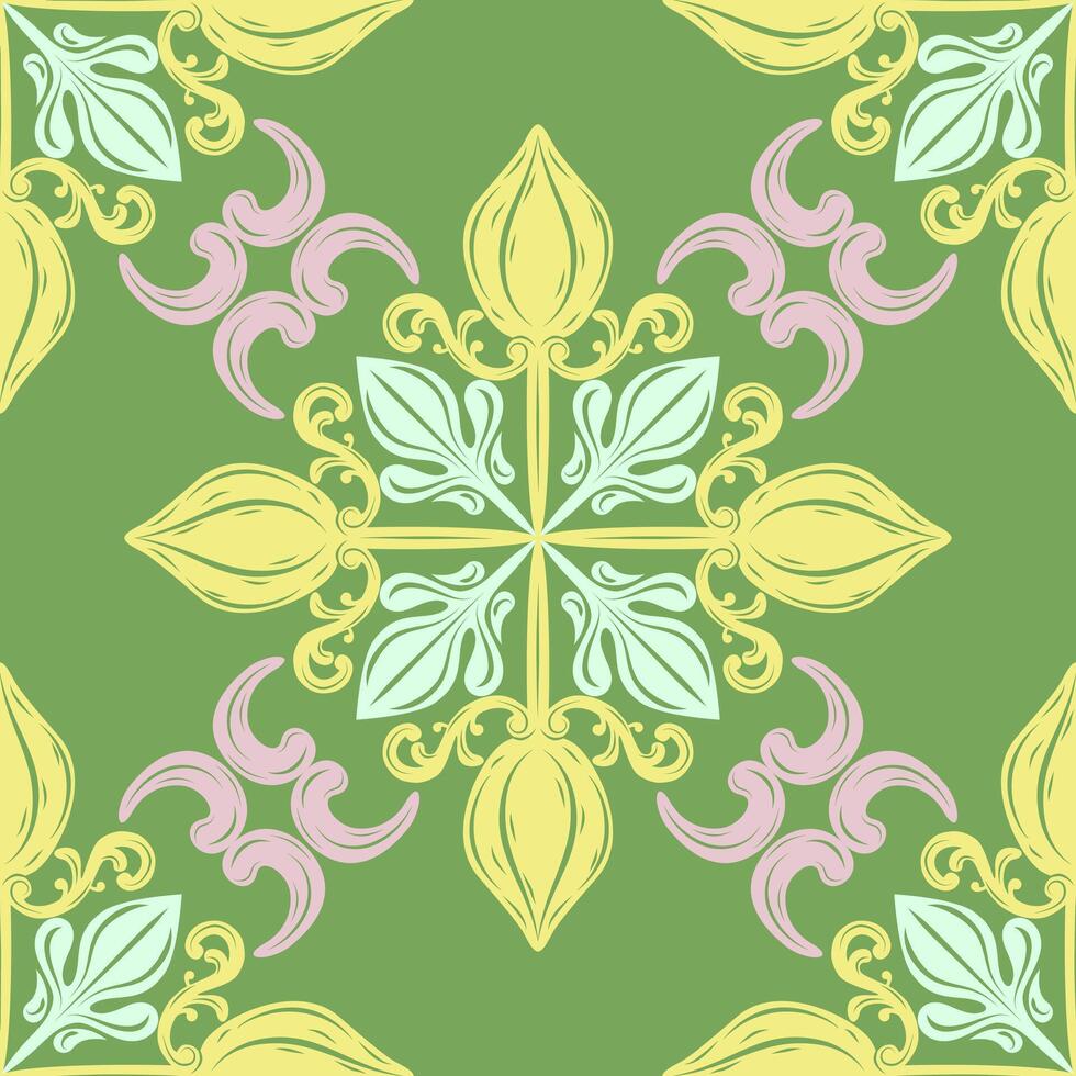 Beautiful Magic Breeze Brightly Summer Baroque Royal Luxury Classic Ornament with Playful Color Yellow Gold Pale Blue Pink on Light Green Background. Elaborate Magnificent for Tiles Textiles Wallpaper vector