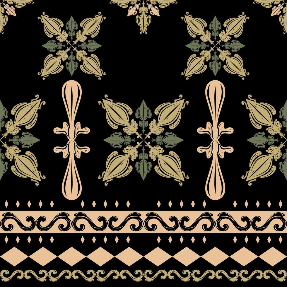 Elegance Ethnic Luxury Ikat Border Elaborate Pattern Greenish Beige Ornament Striped on Black Background. Rococo Byzantine Culture for Expensive Decoration Interior Prints Textiles Batik Amalfi Fabric vector