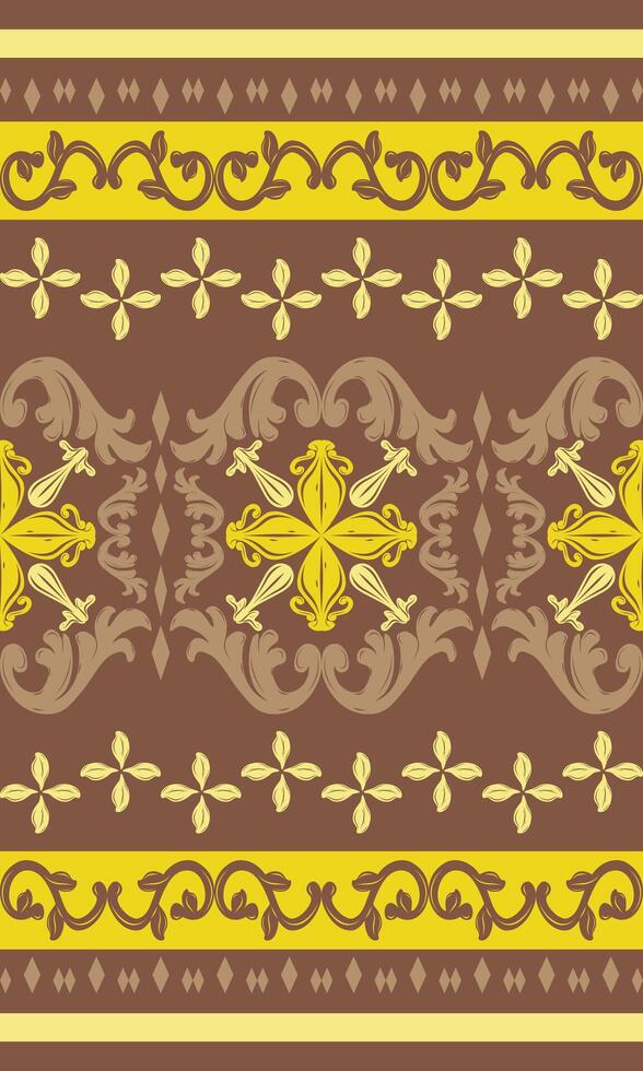 Colorful Bright Yellow Classic Interior Design Classic Damask Medieval Luxury Florals Seamless Border Pattern on Brown Background. Glamorous Detailed Art Nouveau for Carpet Curtain Filigree Textiles vector