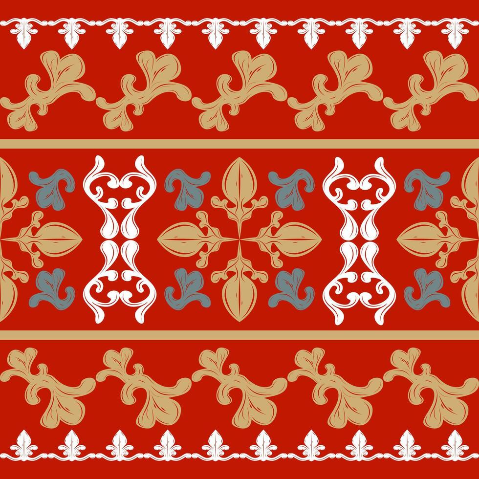 Creative Design Damask Royal Haute Couture Botany Inspired with White Gold Green on Red Background Seamless Border Pattern. Ancient Victorian Baroque Era Blooming Foliage Embroidery Clothes Dress Lace vector