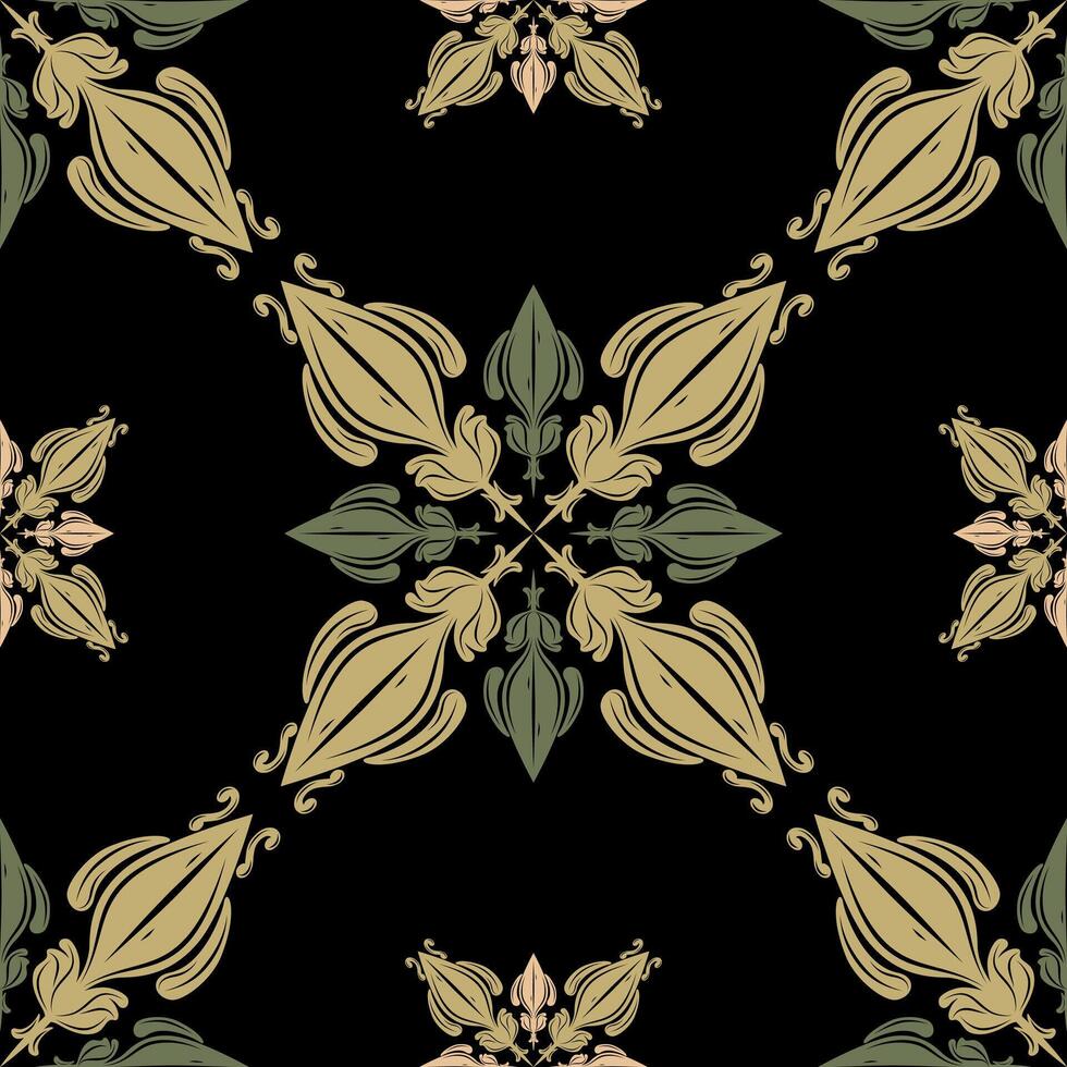 Seamless Luxury Foliage Greenery Shades on Black Background. Elaborate Victorian Rococo Forest Inspired Repeat Detailed Pattern. Heritage Embroidery Handicraft Cross Square Endless Tiles Textiles Lace vector