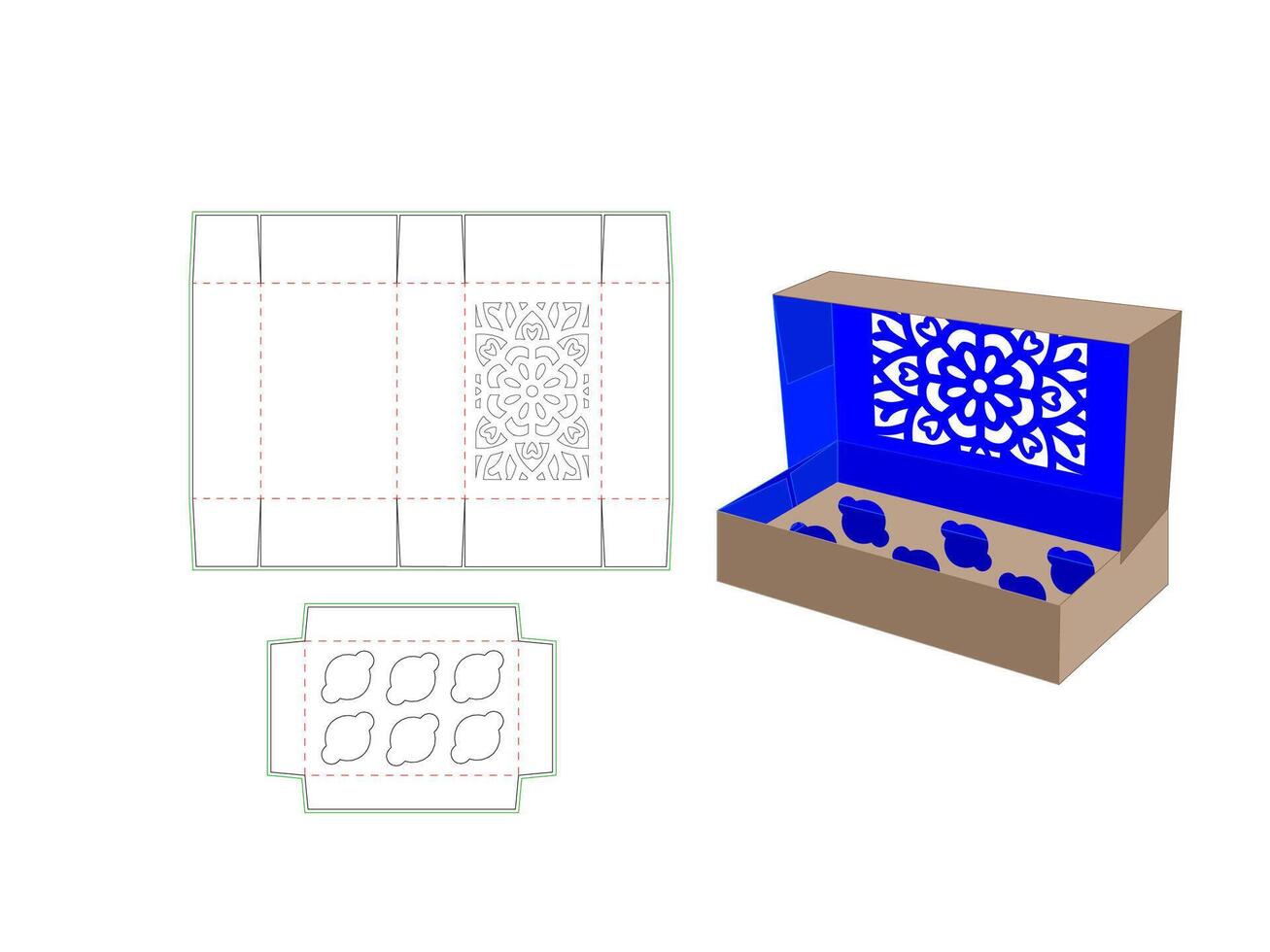 Cupcake Box Dieline Template with Mandala Pattern Laser Cut vector