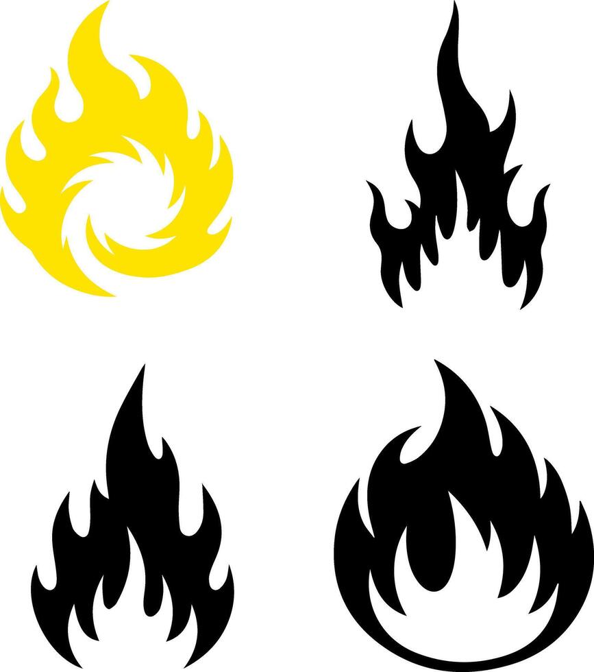Four distinct black silhouette flame icons representing fire and energy vector