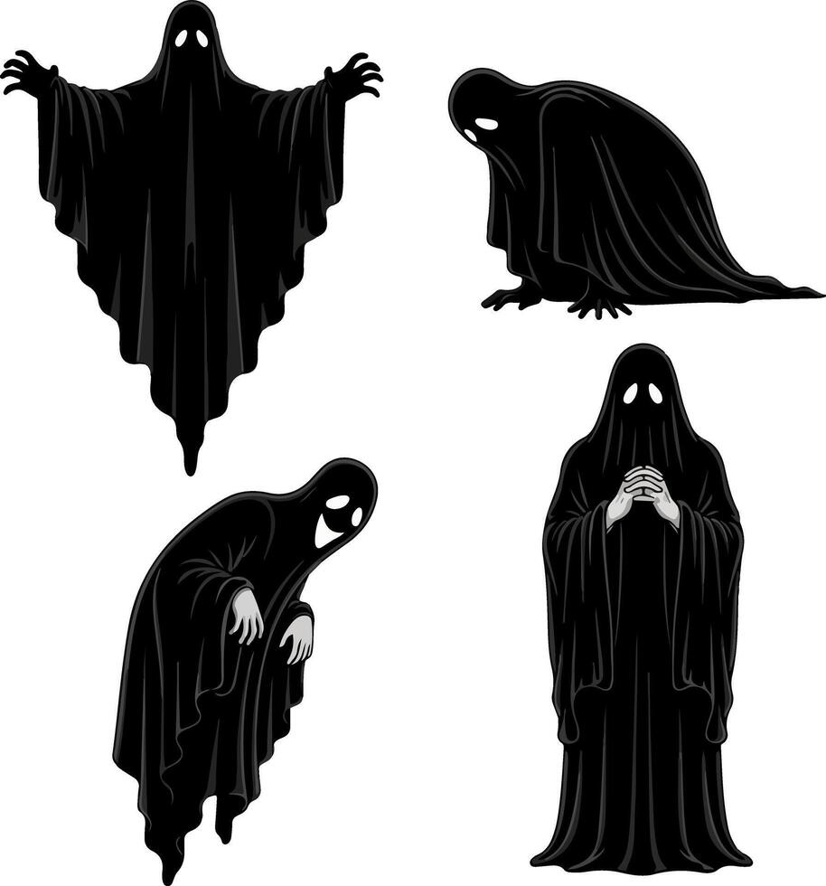 Four spooky black ghosts in different creepy poses on white background vector