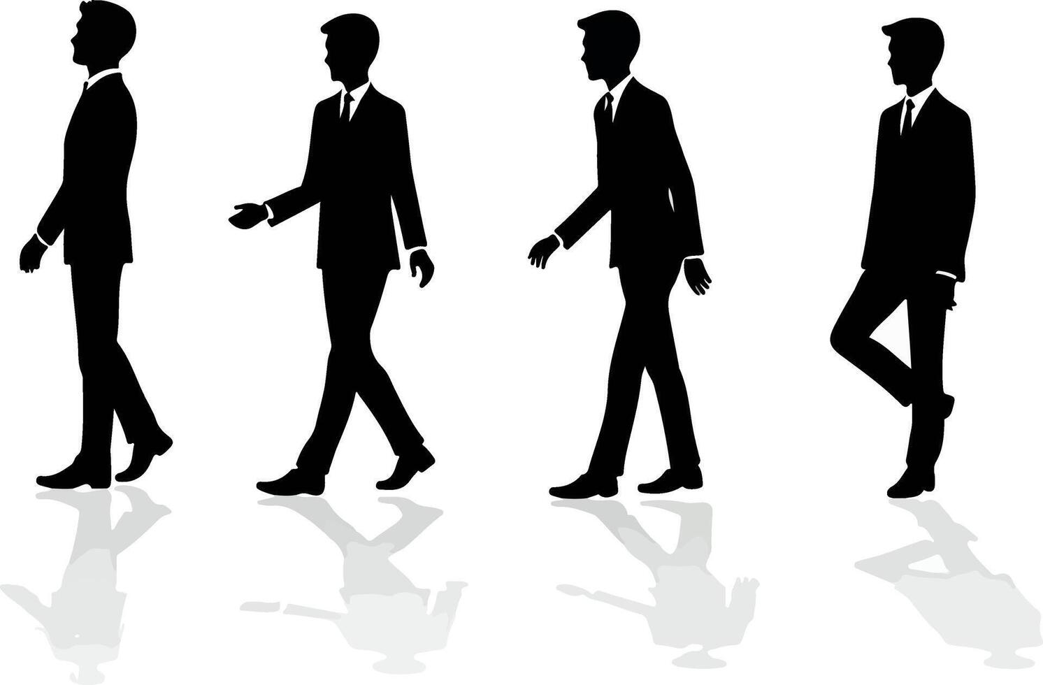 Silhouettes of businessmen in suits walking in a line against a white background vector