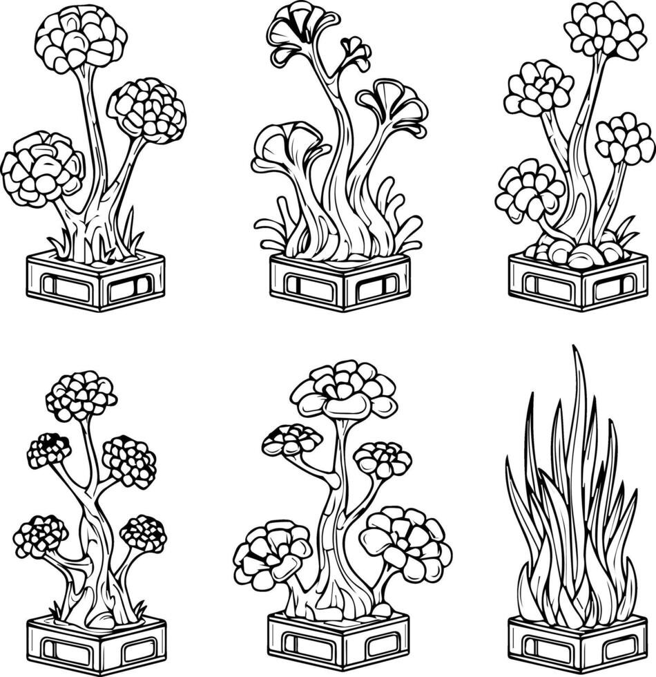 Six stylized drawings of fantasy plants in square pots vector