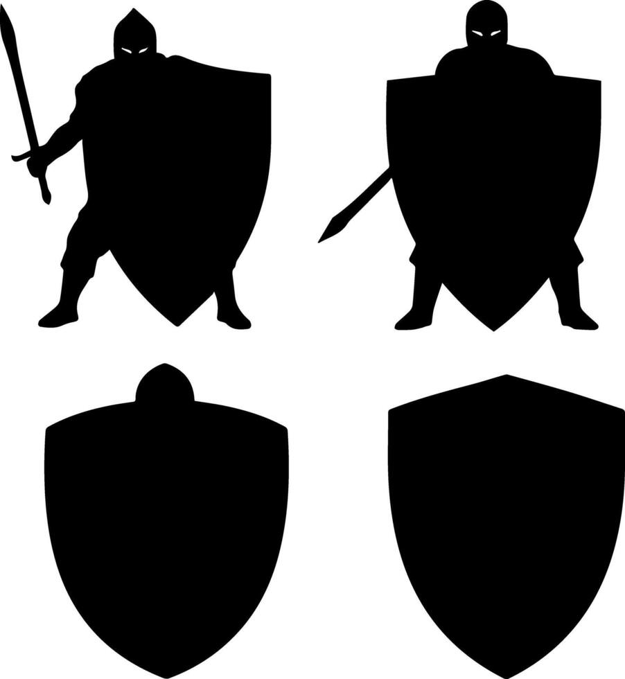 Silhouettes of knights with swords and shields in combat poses vector