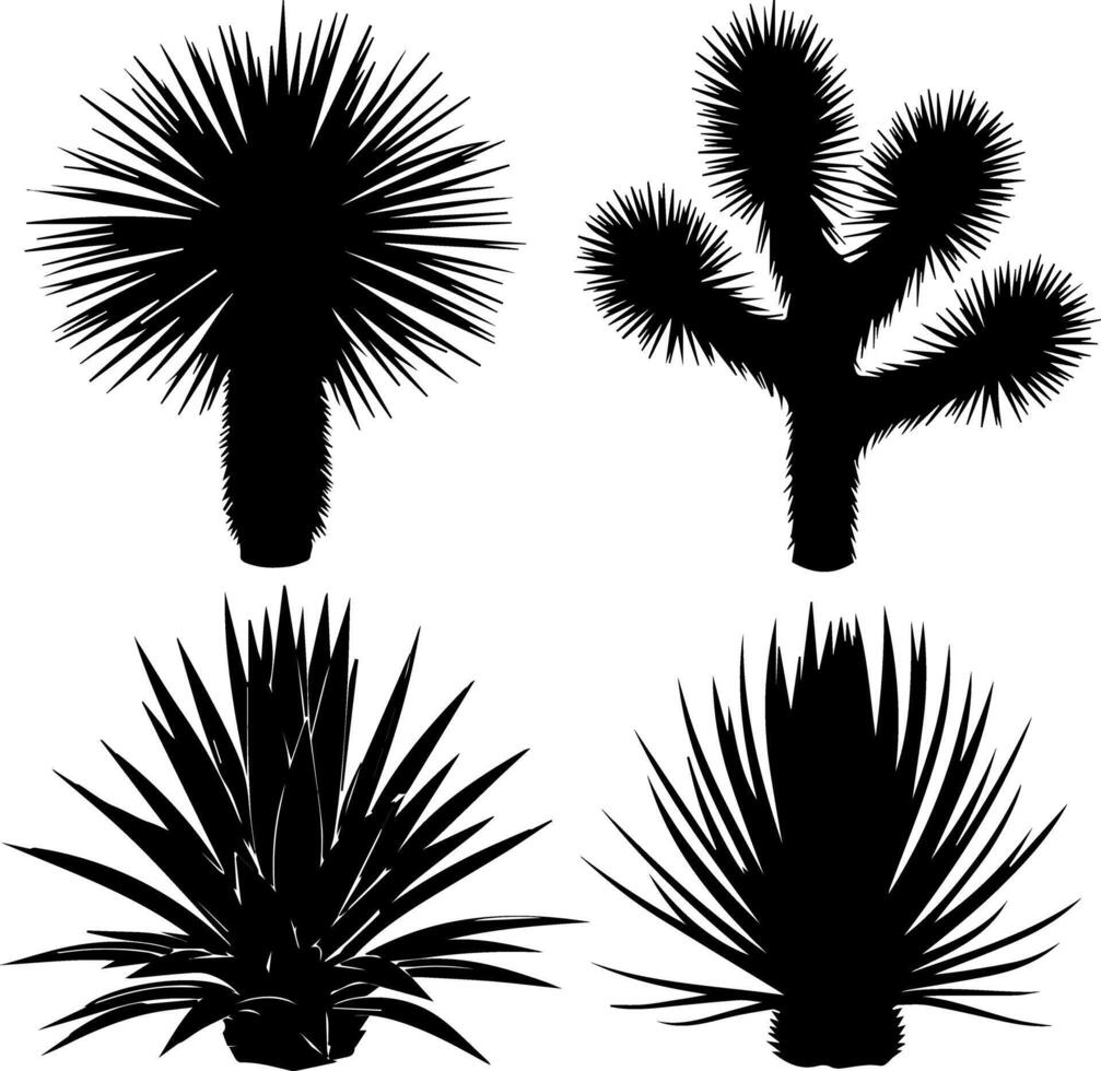 Silhouettes of four distinct desert plants in black and white illustration vector