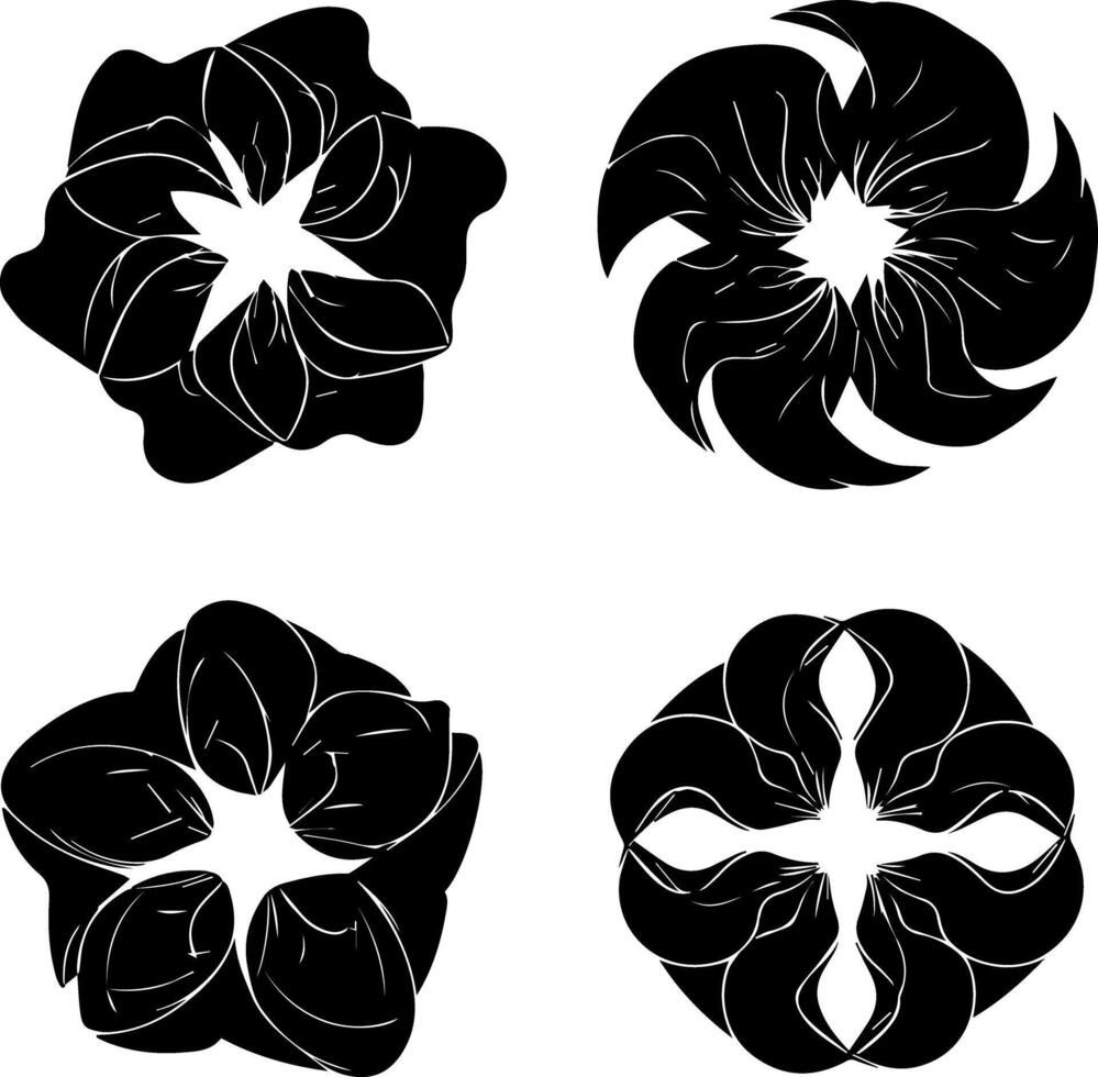 Four stylized black floral petal designs with intricate swirling patterns vector