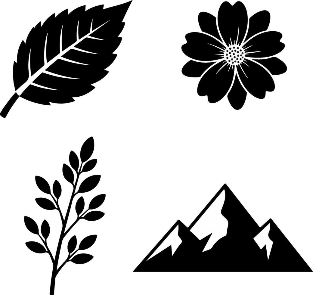 Four black silhouette icons leaf flower branch and mountains on white vector