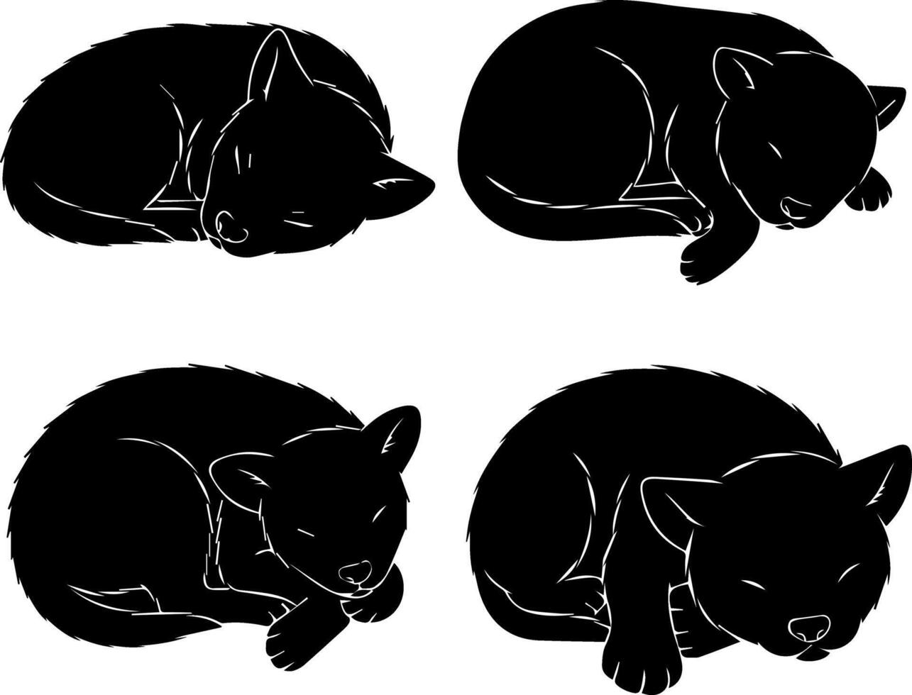 Four adorable black kittens sleeping curled up in different poses vector