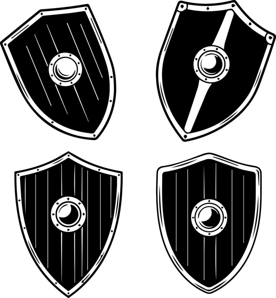 Distinct medieval wooden shields with metal bosses and striking designs vector