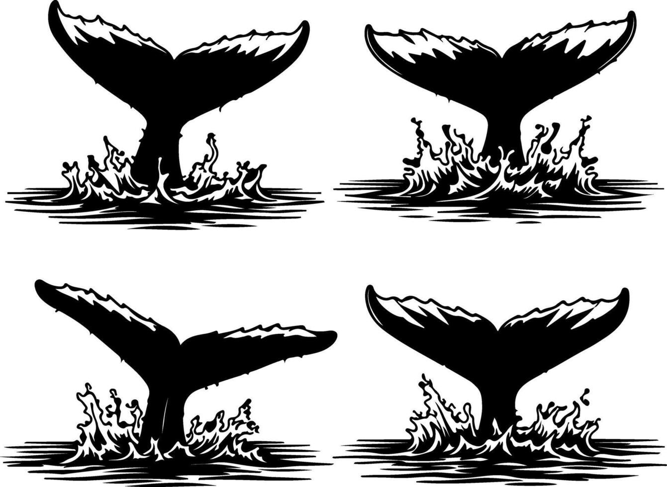 Four detailed illustrations of whale tails splashing water in a stylized artistic manner vector