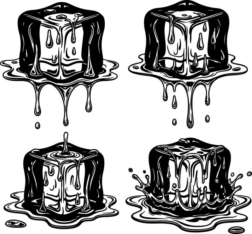 Four hand drawn ice cubes melting and dripping with water splashes vector