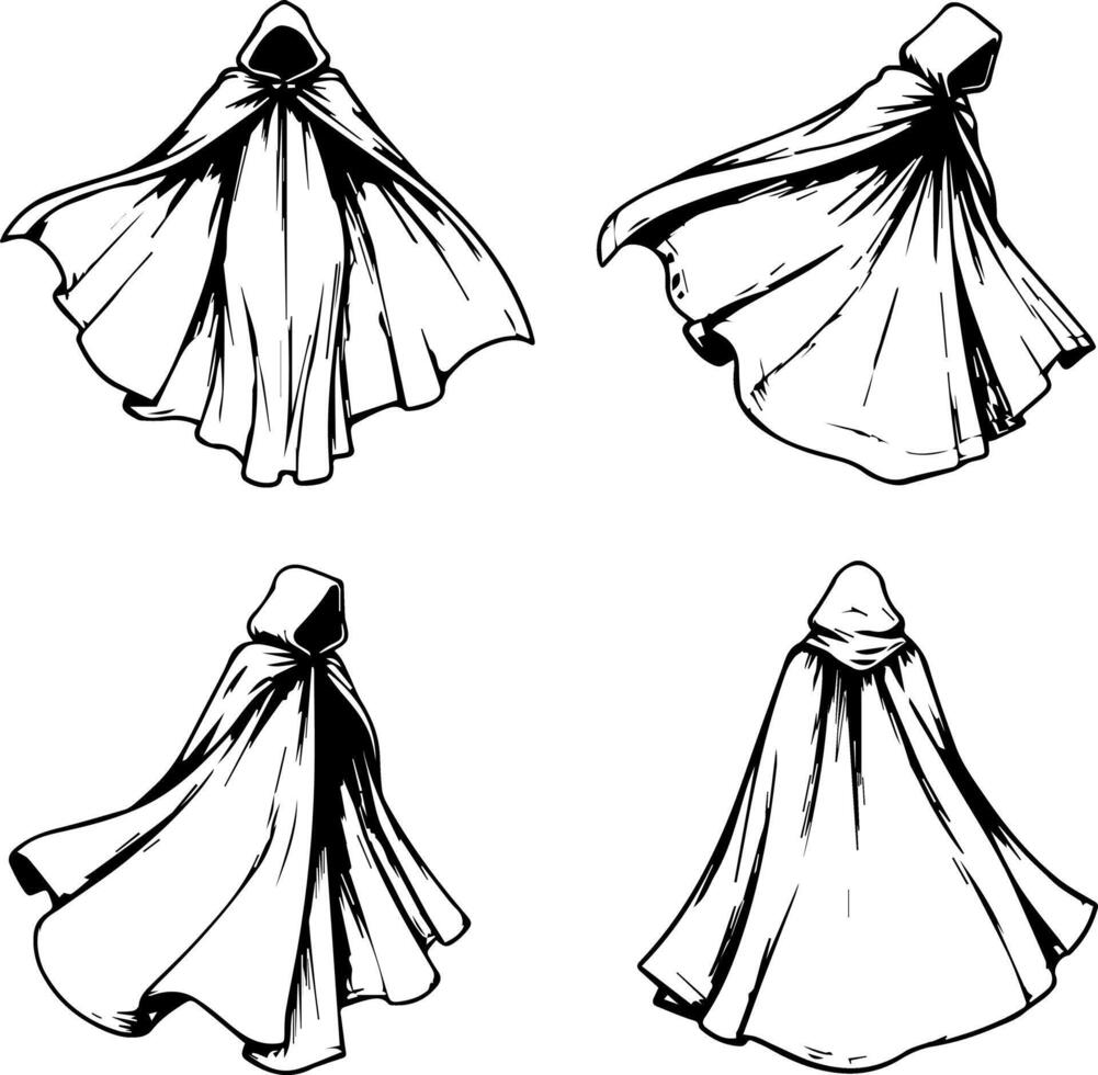 Four detailed illustrations of a flowing hooded cloak from different angles vector