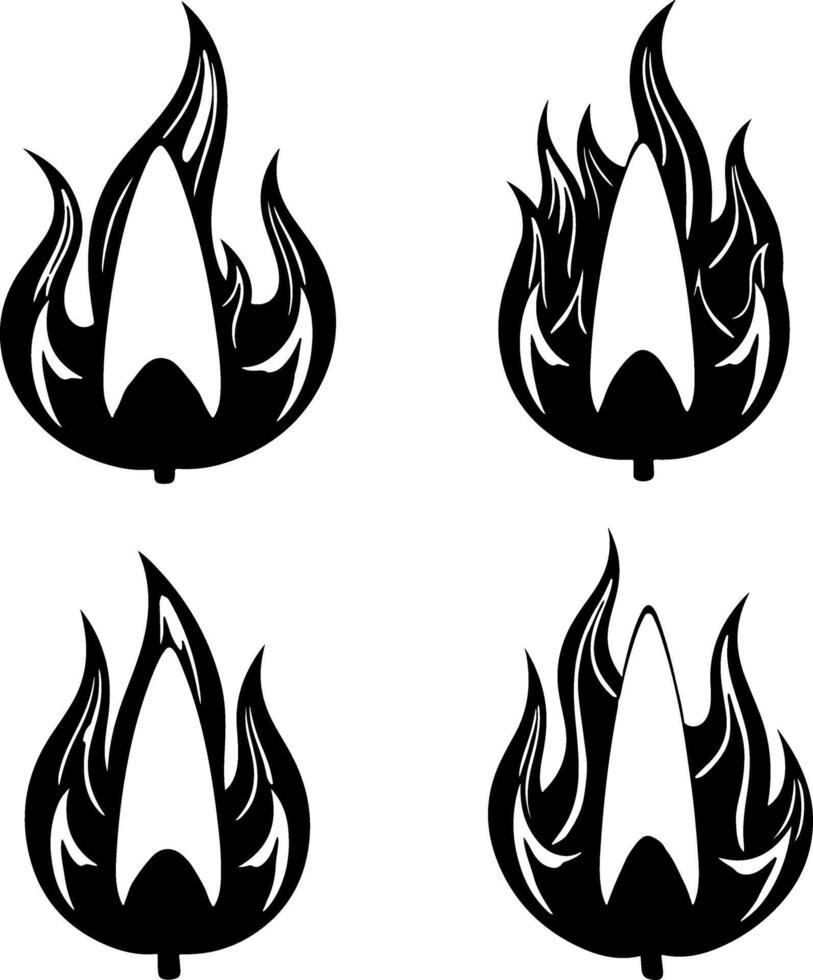 Four stylized black and white flame icons with a bright inner core vector