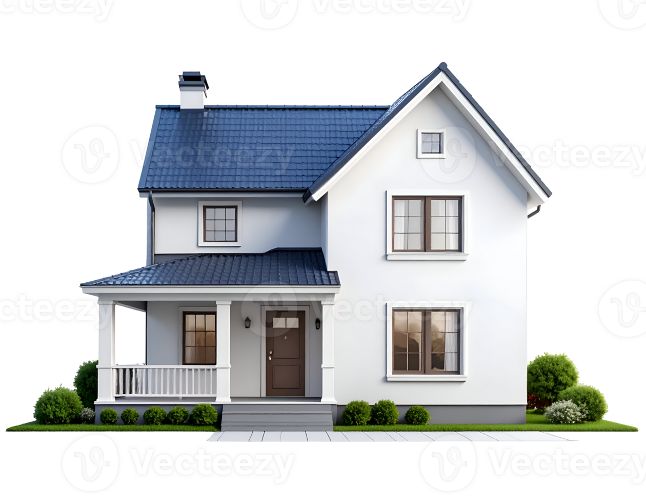 A charming modern two-story house with a deep blue roof and inviting front porch stands ready for a new family. png
