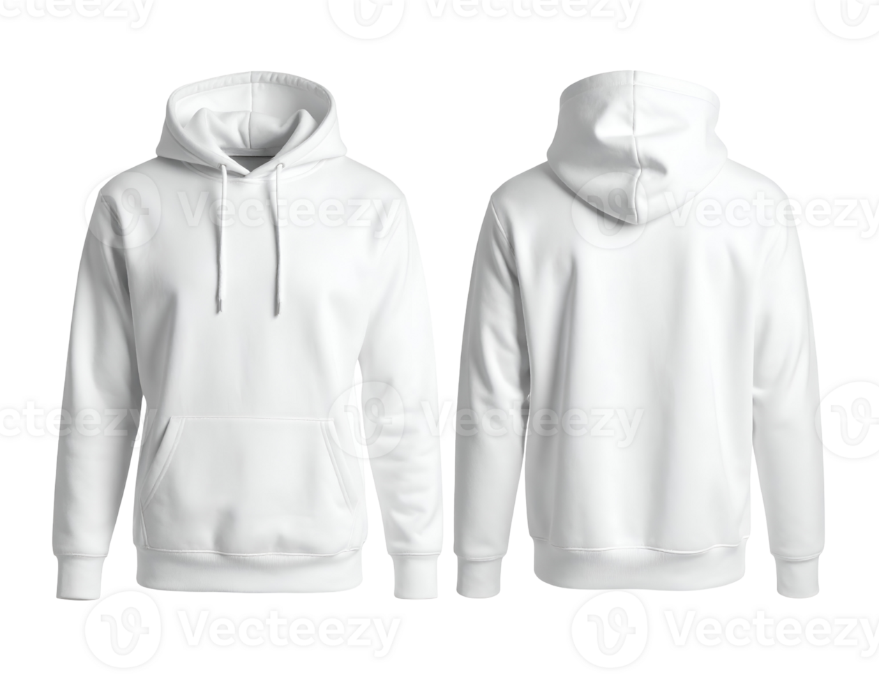 Clean white hooded sweatshirts displayed from front and back for versatile apparel design. png