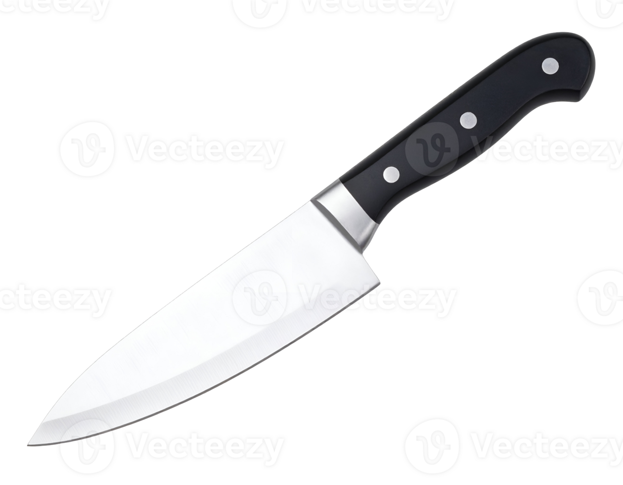 A gleaming chef's knife with a sharp blade and ergonomic handle ready for culinary tasks. png