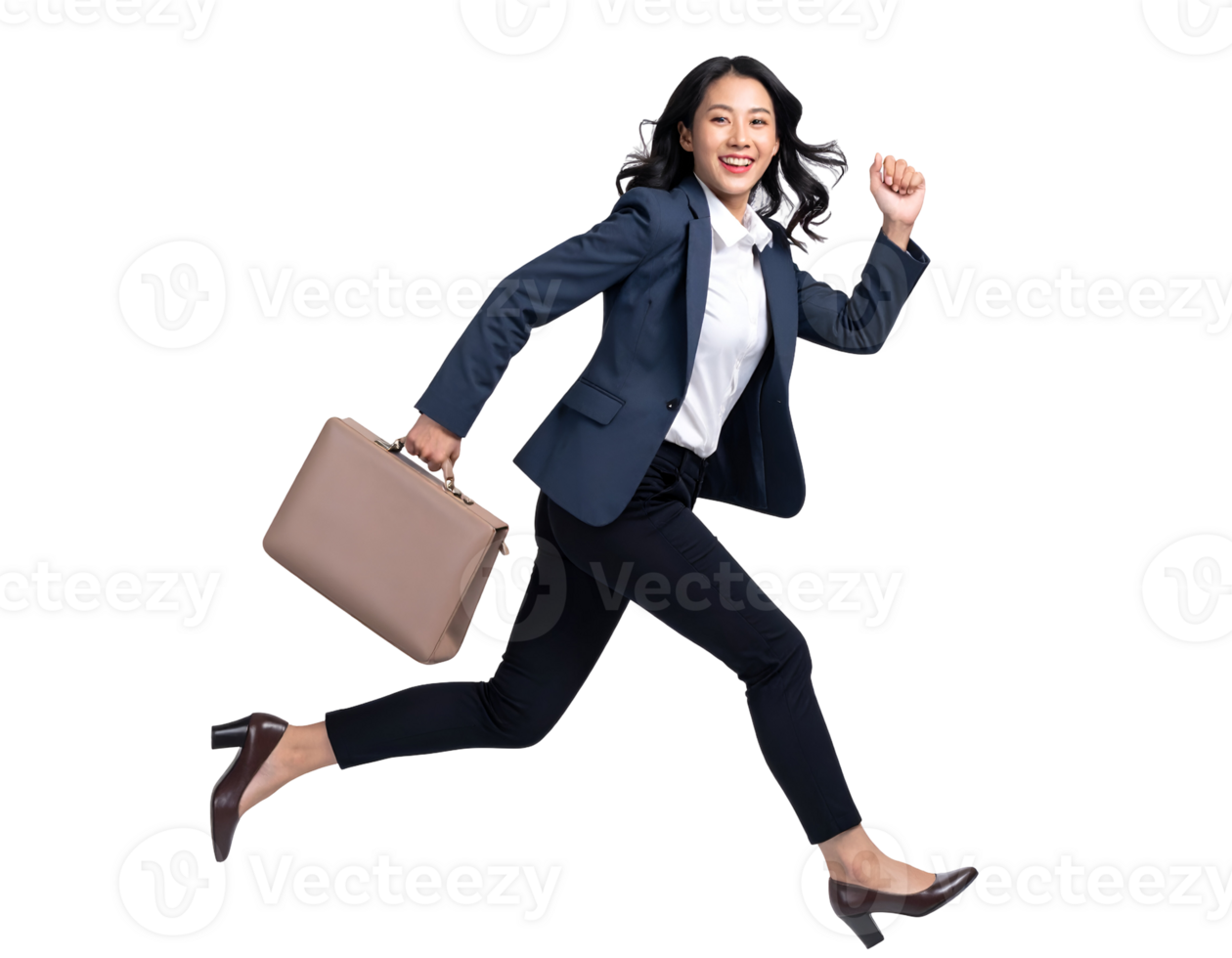 Optimistic young woman in professional clothing runs with purpose carrying her briefcase png