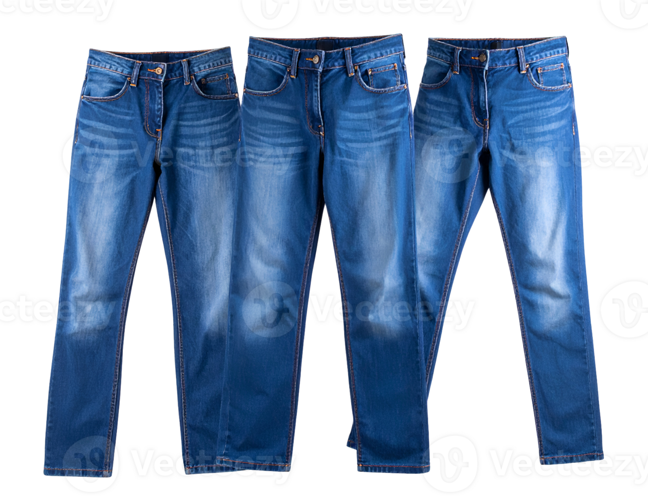 Multiple pairs of stylish blue denim trousers neatly arranged for a modern apparel display. png
