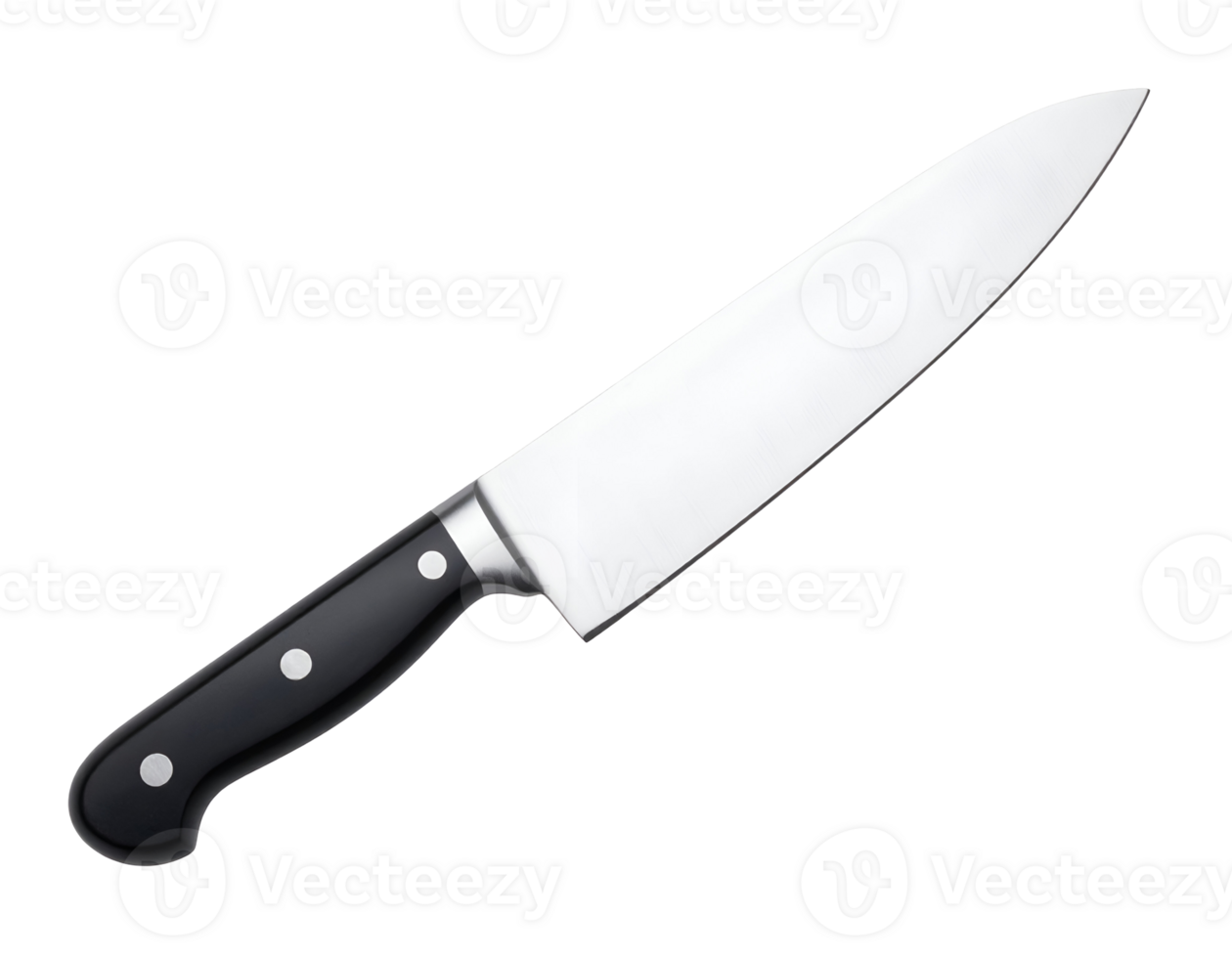 A gleaming professional chef's knife with a sharp blade and ergonomic handle is ready for culinary tasks. png