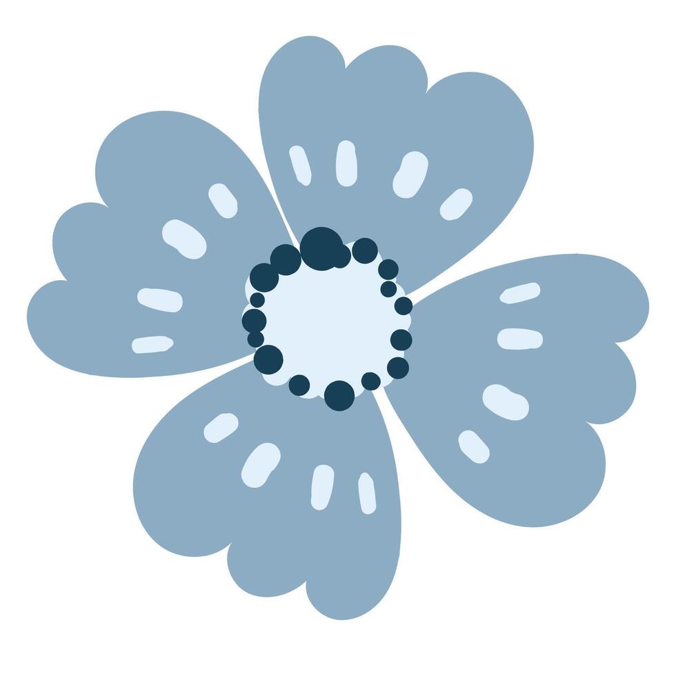 Blue Cartoon Flower Head With Rounded Petals And a Dark Center. Delicate wild plant. Cute nature herb perfect for invitations, cards, posters, holidays, stickers. vector