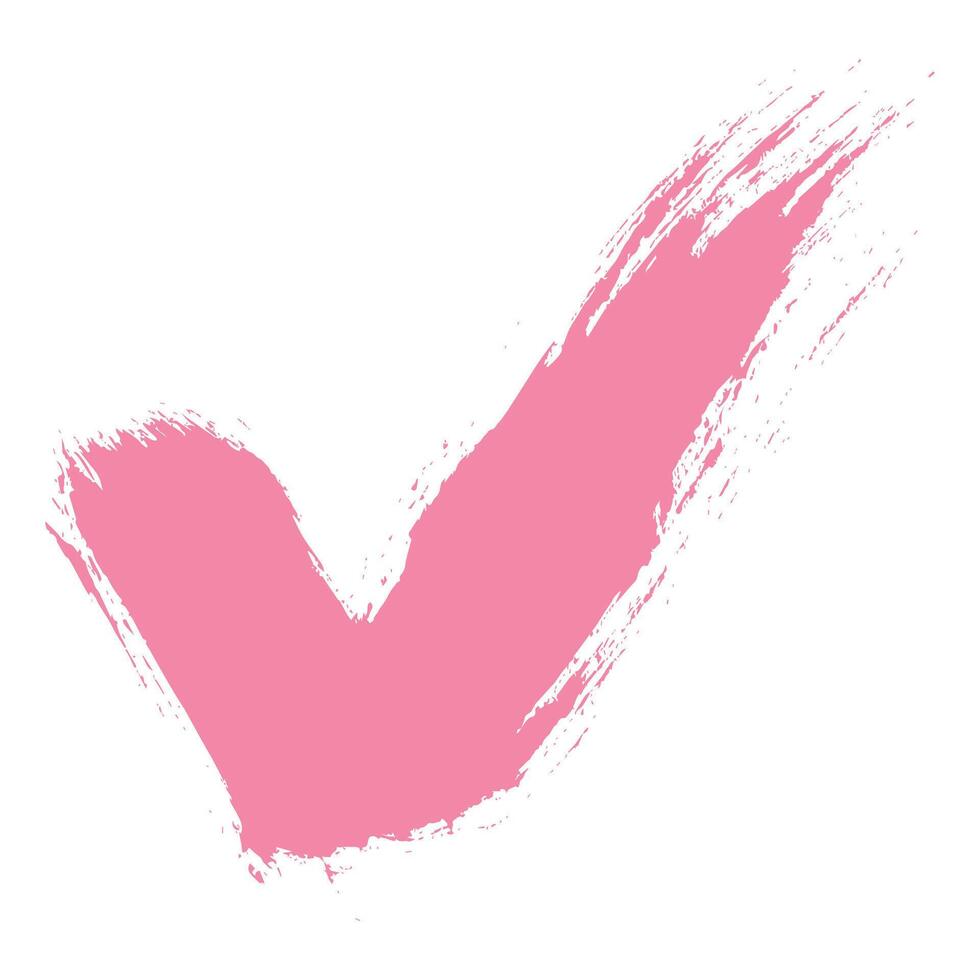 Hand Drawn Pink Check Mark with Grunge Texture Isolated on White Background. Creative abstract paintbrush line with rough edges. Stain for backdrops. Freehand doodle line perfect for highlight text vector