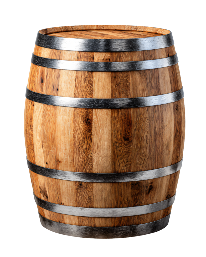 Wooden Barrel with Metal Bands for Rustic Decor and Storage Use png