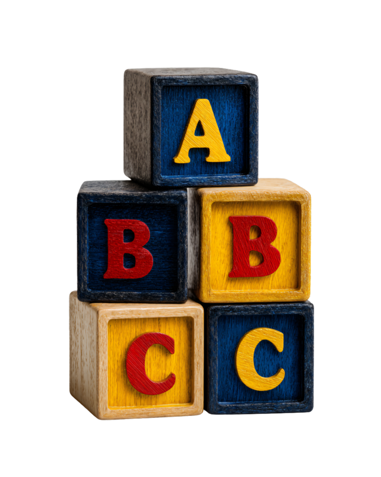 Colorful Wooden Blocks Stacked with Letters A, B, and C for Kids png